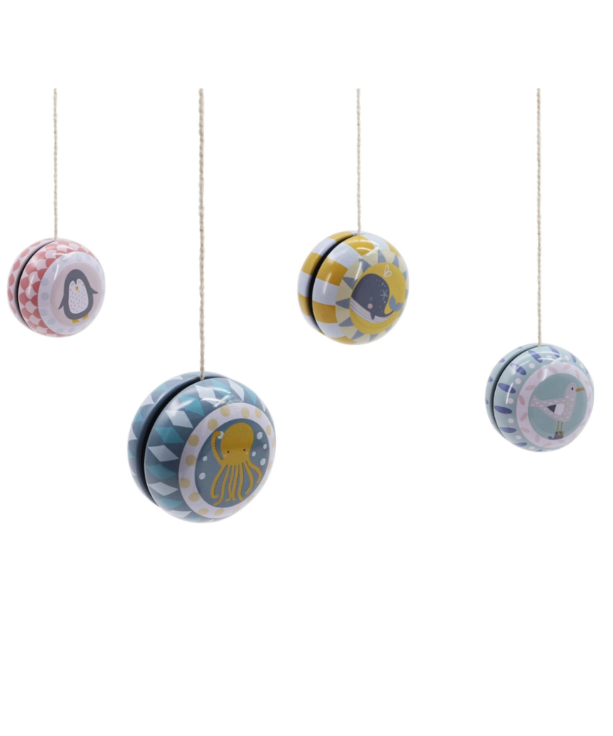 Classic Tin Yo-Yos for kids from ToysLink, featuring colorful designs and a shiny metallic finish in a toy display image.