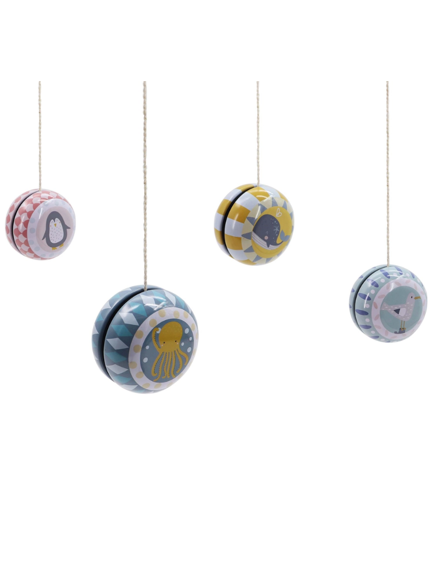 Classic Tin Yo-Yos for kids from ToysLink, featuring colorful designs and a shiny metallic finish in a toy display image.