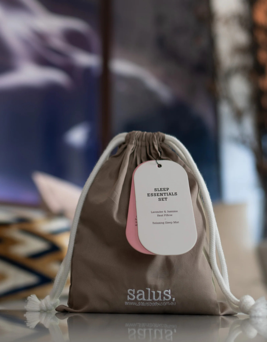 Salus Sleep Essentials Set including sleep mask, lavender pillow spray, and calming herbal tea for restful nights.