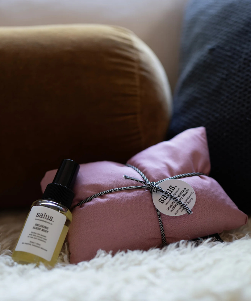 Salus Sleep Essentials Set including sleep mask, lavender pillow spray, and soothing herbal tea for restful nights.