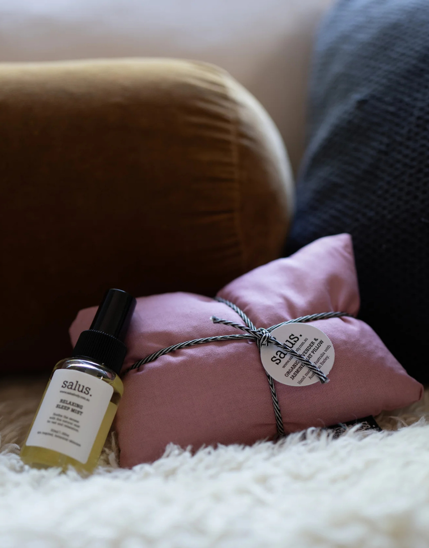 Salus Sleep Essentials Set including sleep mask, lavender pillow spray, and soothing herbal tea for restful nights.