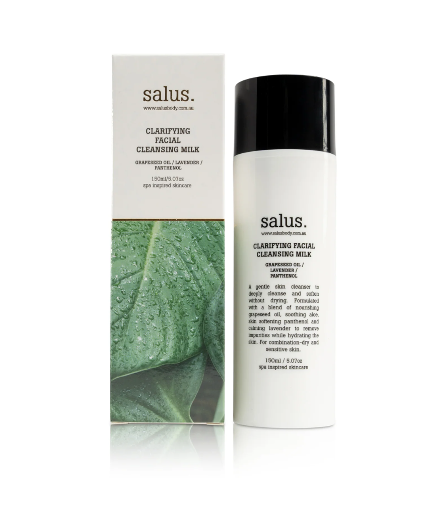 Say It Sister Salus Clarifying Facial Cleansing Milk in a bottle, suitable for bath and body skincare routines.