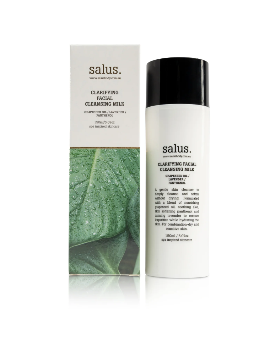 Say It Sister Salus Clarifying Facial Cleansing Milk in a bottle, suitable for bath and body skincare routines.