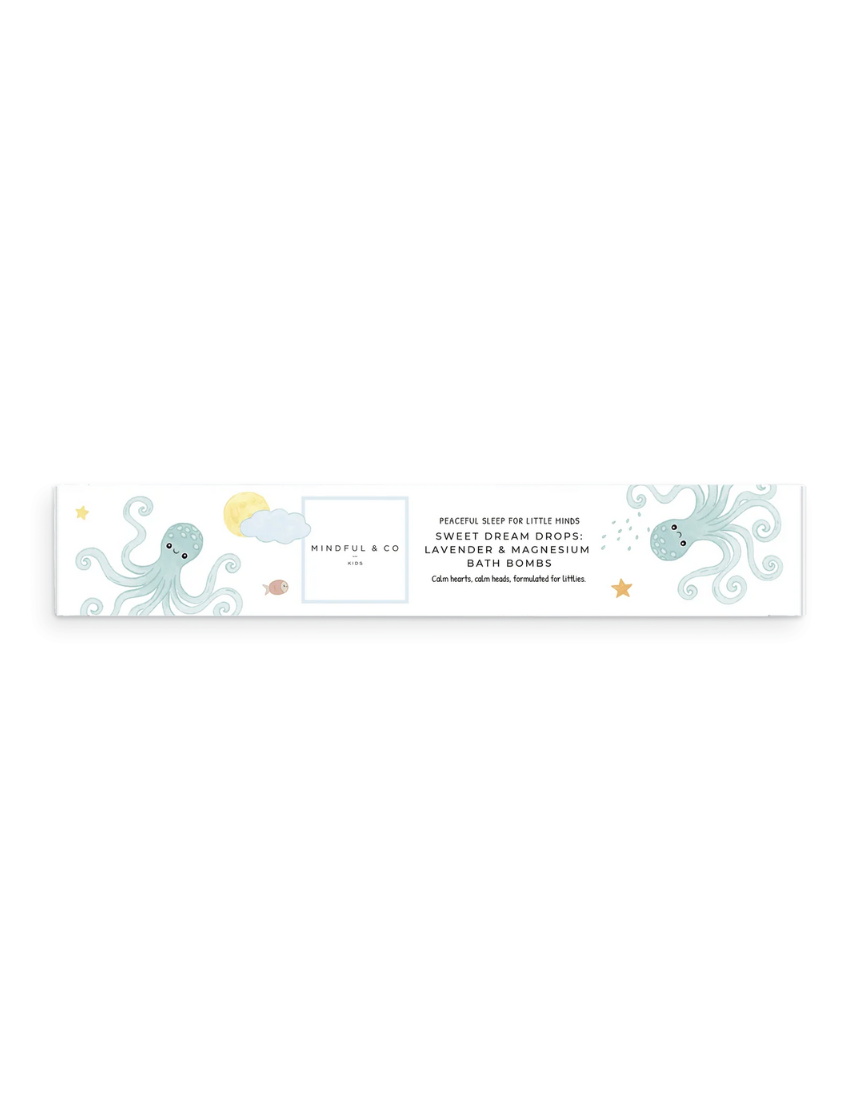 Mindful and Co Kids Sweet Dream Drops lavender and magnesium bath bombs, colorful bath product for kids relaxing in a bath tub.