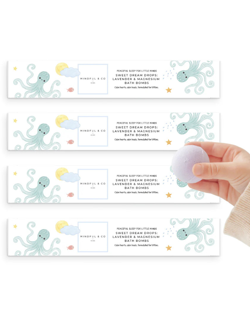 Mindful and Co Kids Sweet Dream Drops lavender and magnesium bath bomb, relaxing bath and body product for children.