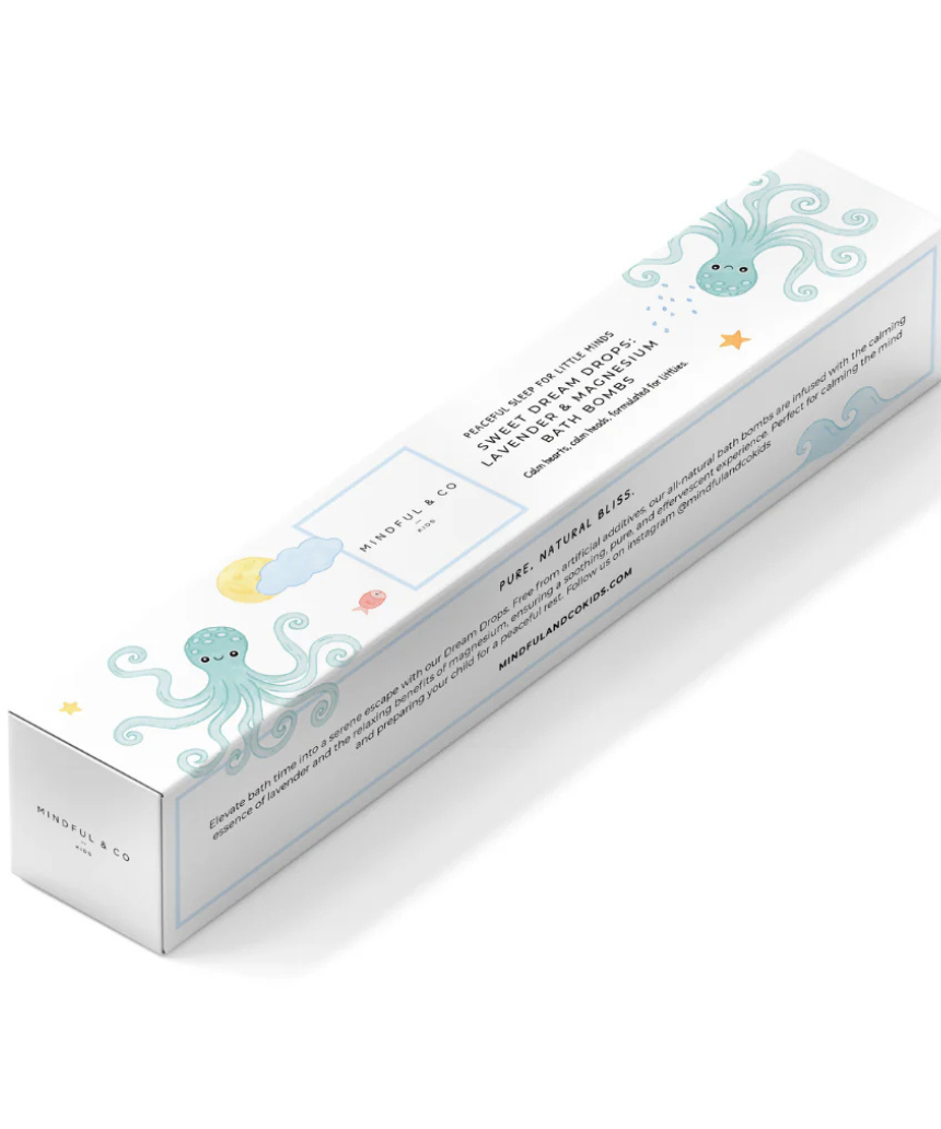 Mindful and Co Kids Sweet Dream Drops lavender and magnesium bath bomb, relaxing bath and body product for children.