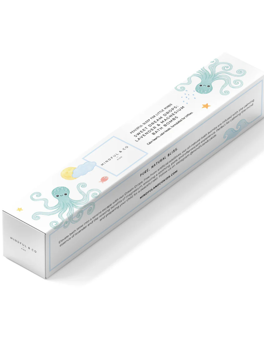 Mindful and Co Kids Sweet Dream Drops lavender and magnesium bath bomb, relaxing bath and body product for children.