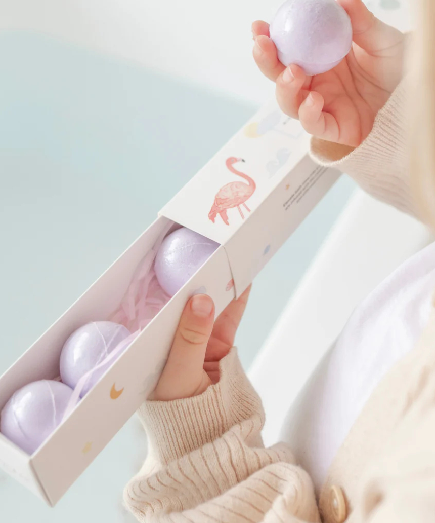 Mindful and Co Kids Sweet Dream Drops lavender and magnesium bath bomb with a colorful packaging for kids' relaxing bath time.