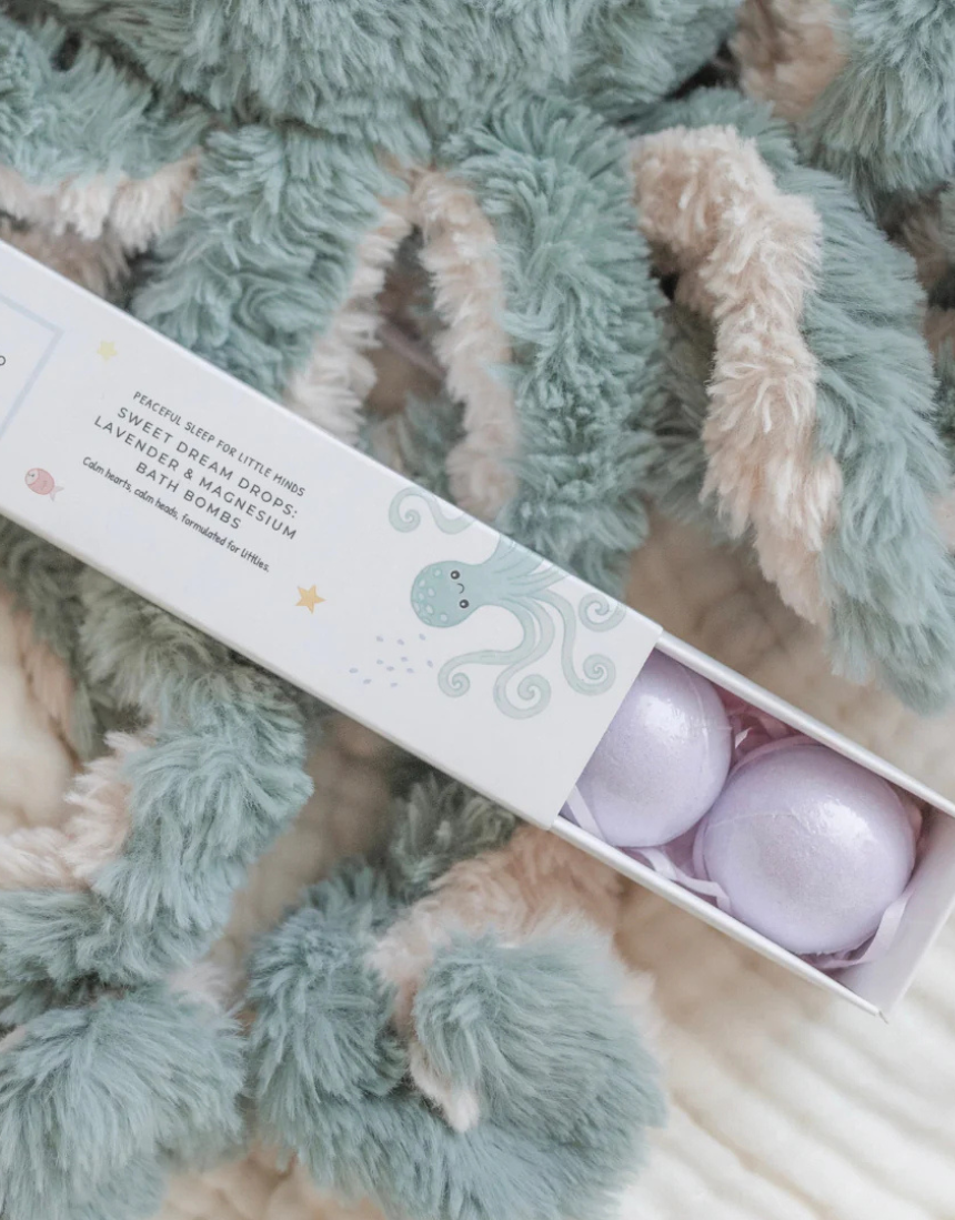 Mindful and Co Kids Sweet Dream Drops lavender and magnesium bath bomb, relaxing bath and body product for children.