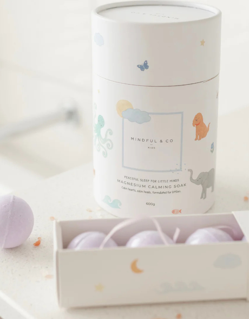 Mindful and Co Kids Sweet Dream Drops lavender and magnesium bath bomb, relaxing bath and body product for children.