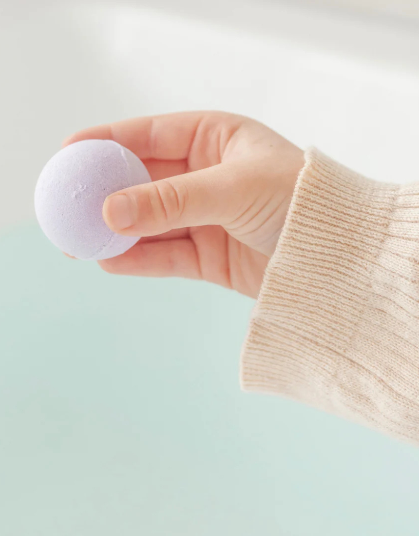 Lavender and magnesium bath bomb from Mindful and Co Kids, relaxing bath and body product for children.