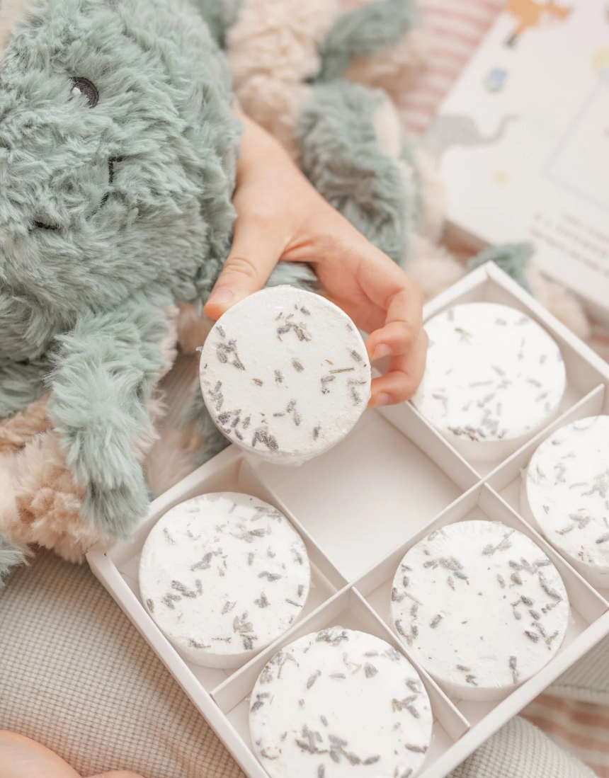 Mindful and Co Kids sensory shower steamers in a colorful package, designed for a calming shower experience for children.