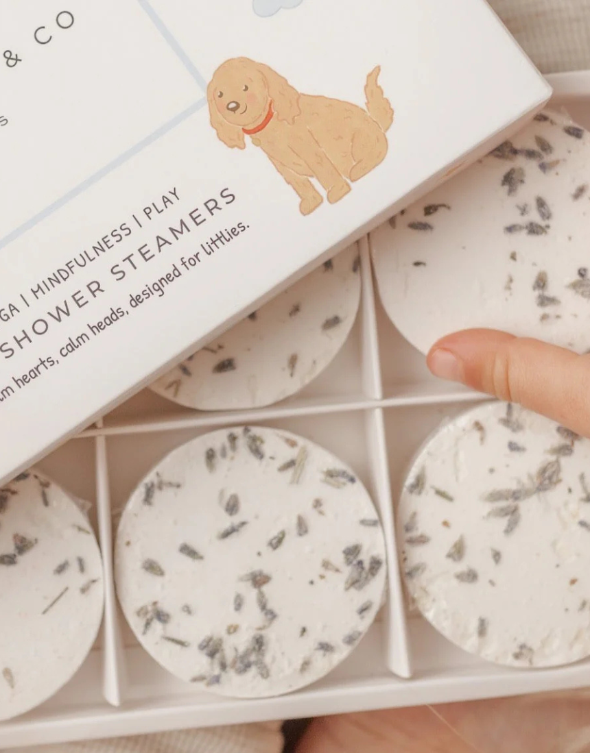 Sensory shower steamers for kids by Mindful and Co Kids, with colorful, calming tablets designed for a soothing shower experience.