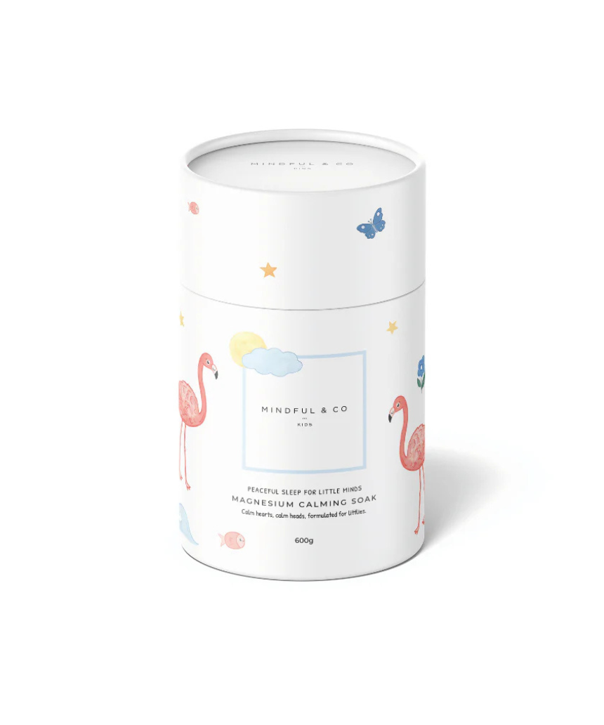 Kids magnesium calming soak by Mindful and Co Kids in a clear bath additive bottle with calming labels.