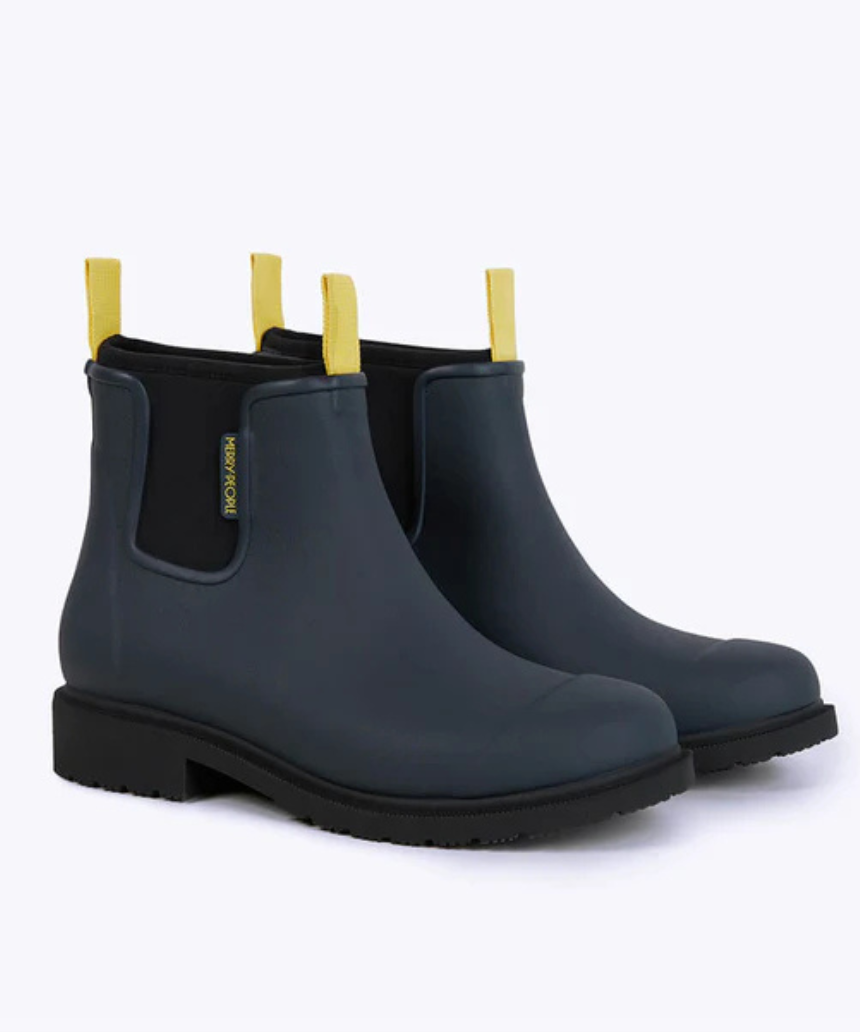 Merry People Bobbi gumboots in midnight color, waterproof rubber rain boots for women, with a sleek, matte finish and sturdy sole.
