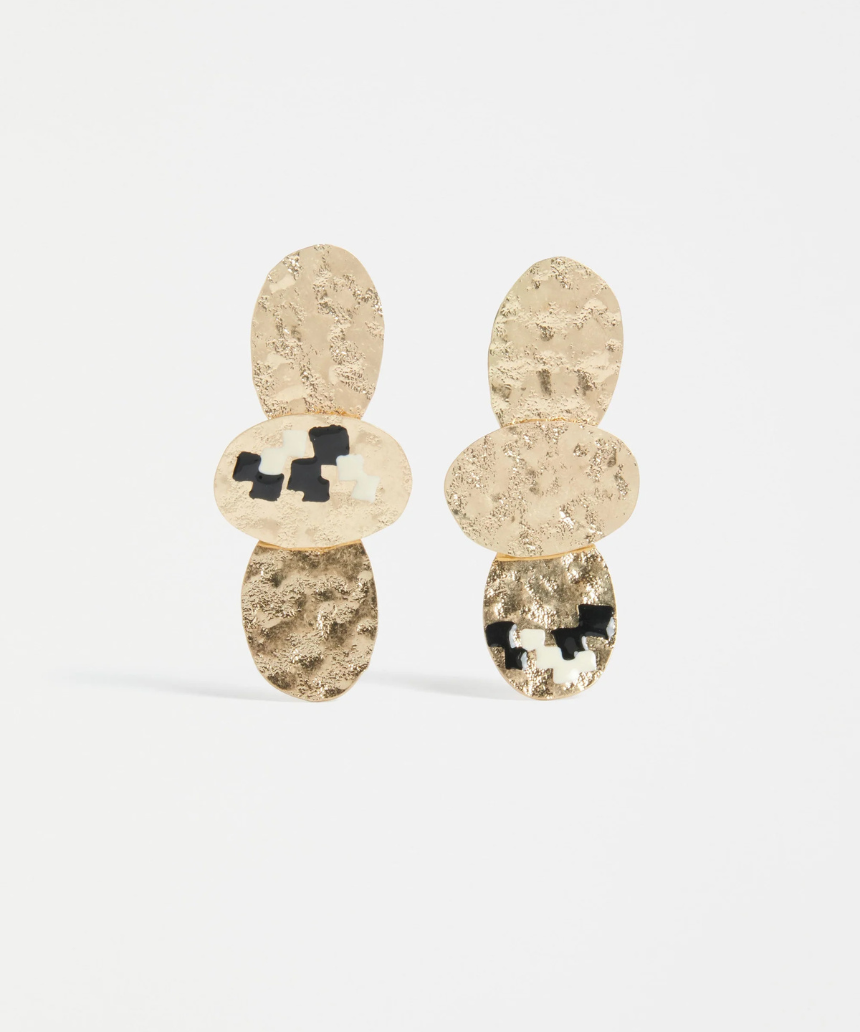 Elk color drop earrings featuring vibrant, multicolored design with gold-tone hooks on a white background.