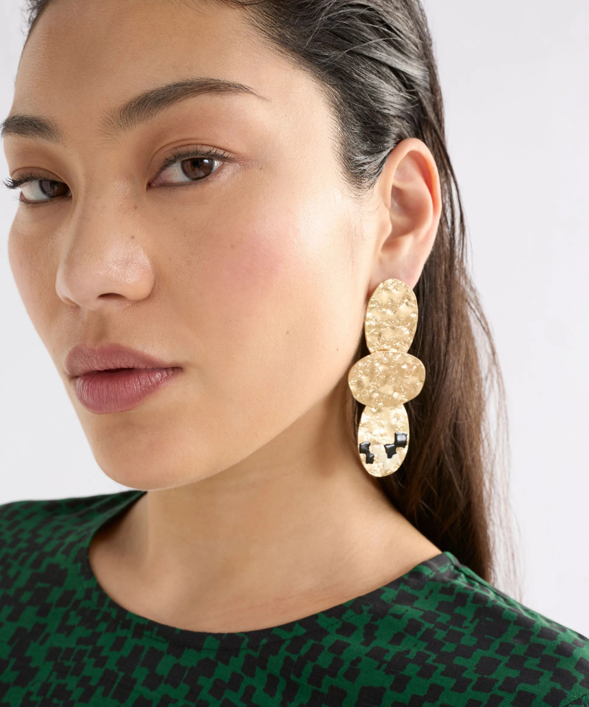 Elk drop earrings in vibrant colors, featuring a sleek design with colorful oval-shaped beads hanging from gold-tone hooks.