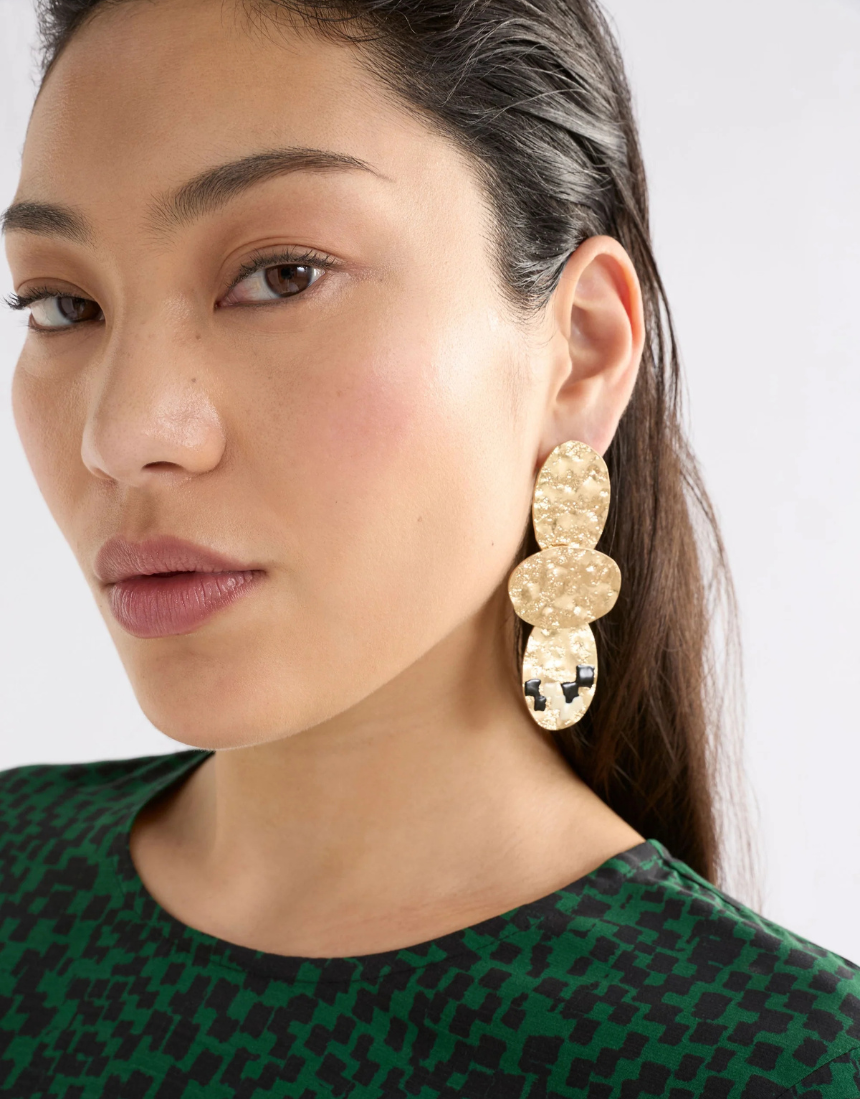 Elk drop earrings in vibrant colors, featuring a sleek design with colorful oval-shaped beads hanging from gold-tone hooks.