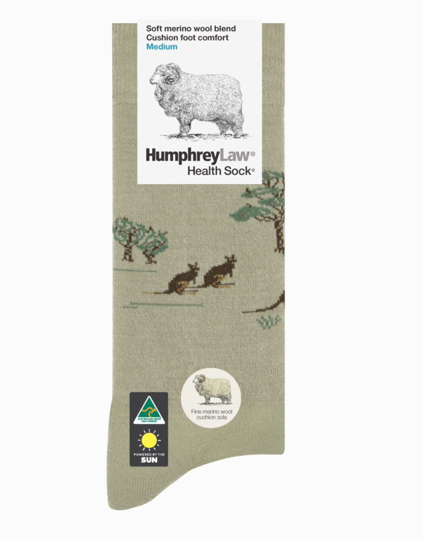 Humphrey Law Australiana socks featuring traditional Australian motifs in vibrant colors, displayed on a neutral background.