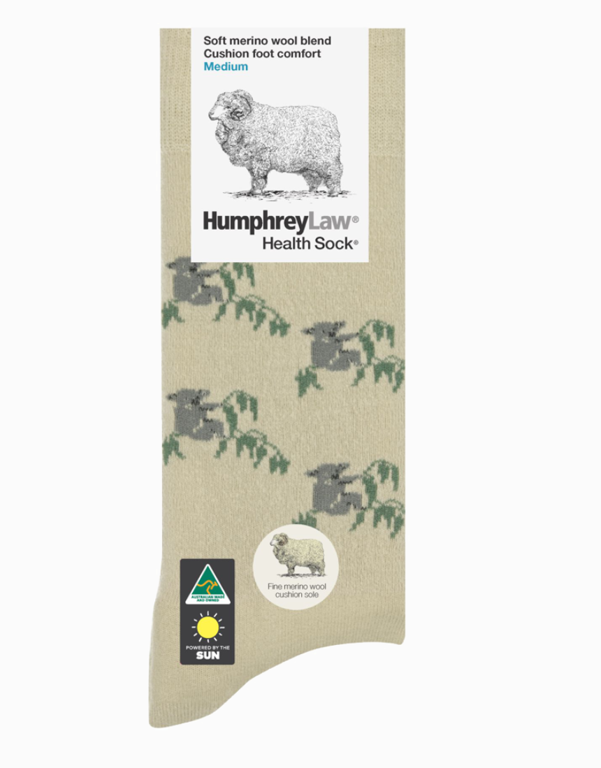 Humphrey Law Australiana Socks featuring vibrant Australian wildlife and cultural patterns on soft, comfortable fabric.