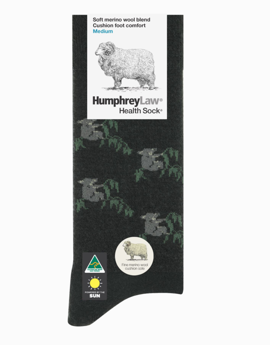 Humphrey Law Australiana socks featuring colorful Australian animal and flag patterns, made from soft, comfortable fabric.