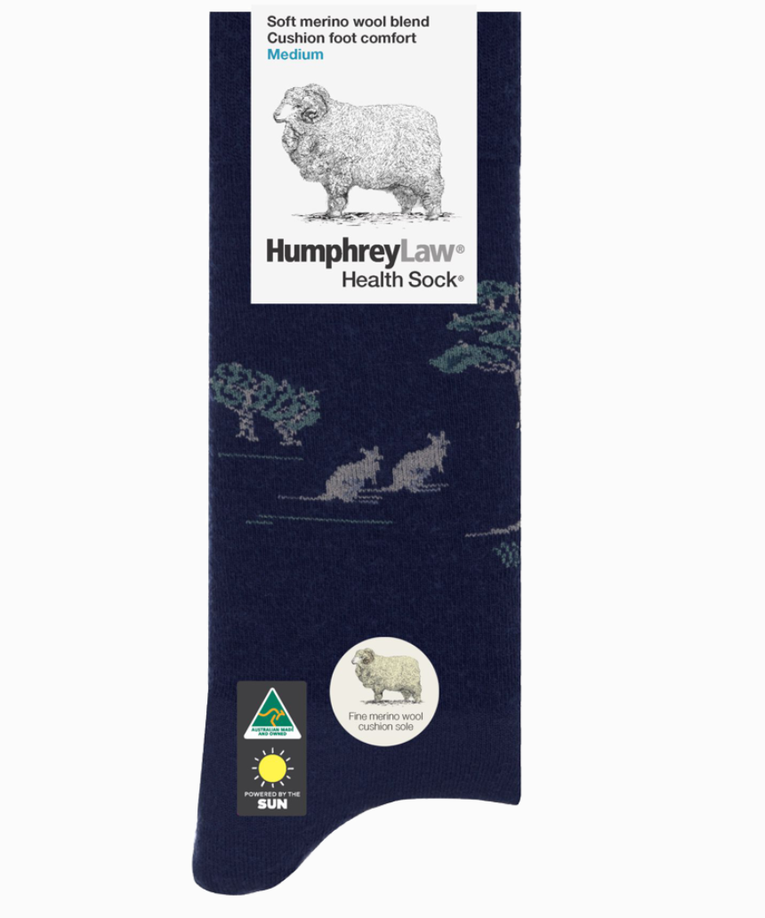 Humphrey Law Australiana Socks featuring traditional Australian patterns in vibrant colors on soft fabric