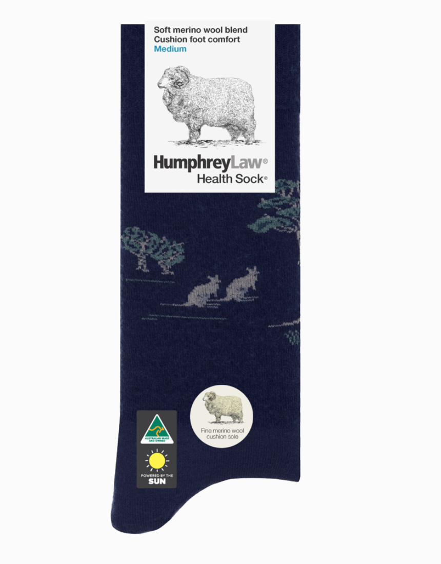Humphrey Law Australiana Socks featuring traditional Australian patterns in vibrant colors on soft fabric