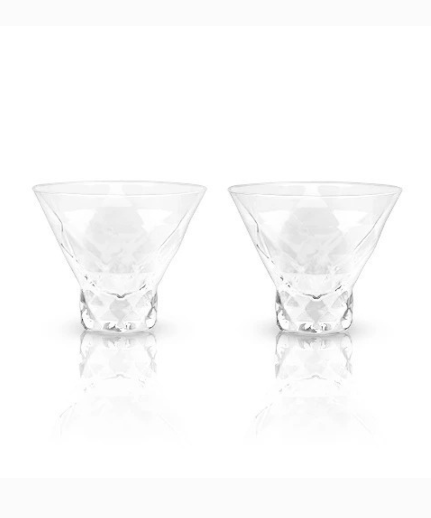 Two clear Viski Gem crystal martini glasses with a sleek design, perfect for elegant cocktail serving.