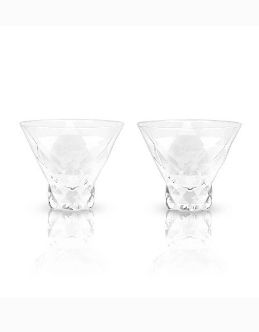 Two clear Viski Gem crystal martini glasses with a sleek design, perfect for elegant cocktail serving.