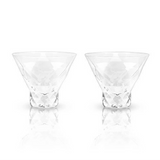 Two clear Viski Gem crystal martini glasses with a sleek design, perfect for elegant cocktail serving.