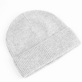 Maison Fanli Auguste Beanie in light grey, soft knit fabric, shown on a person, stylish winter accessory.
