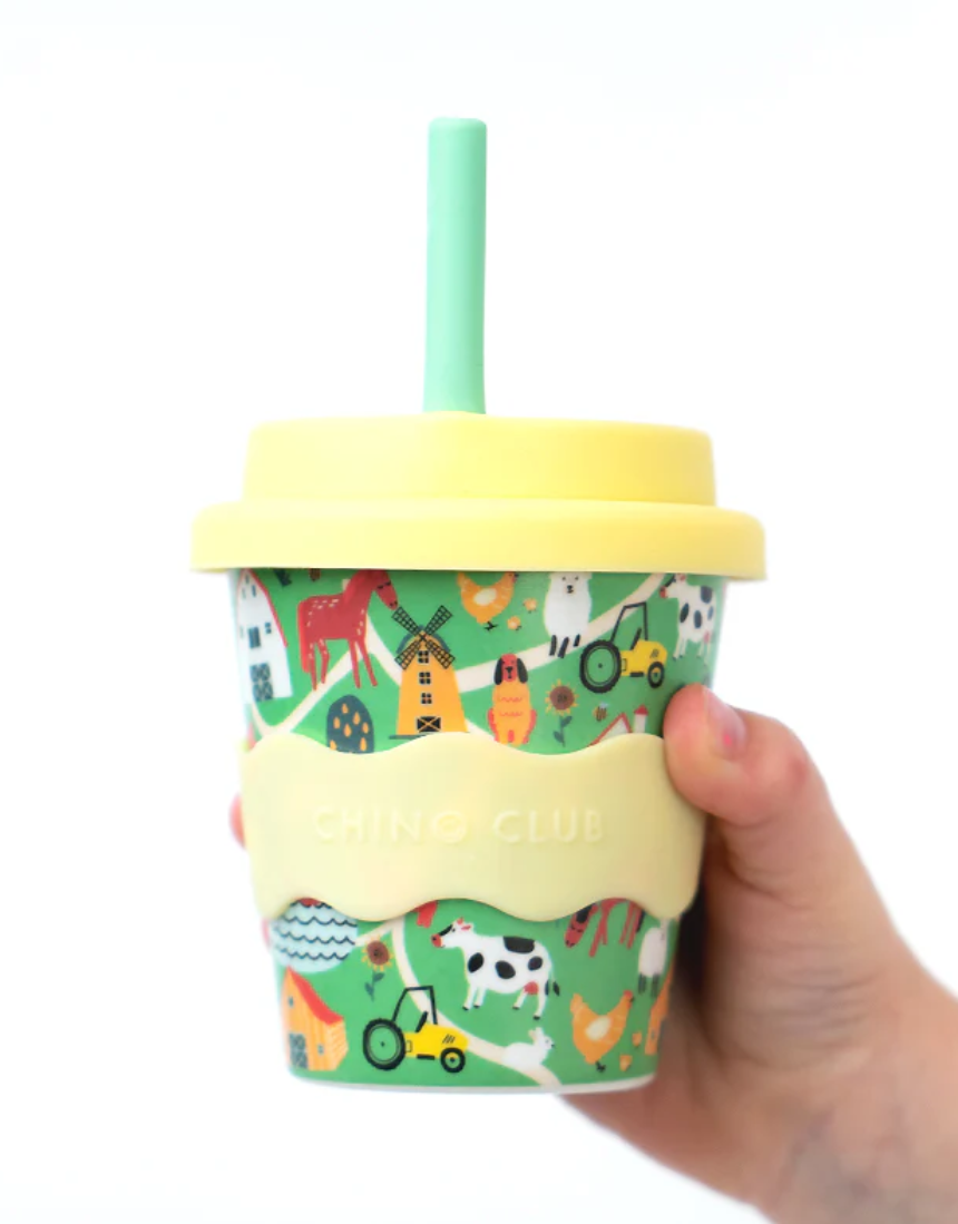 Chino Club Farm Baby Chino Cup 4oz for kids, white ceramic cup with farm-themed design, suitable for young children.