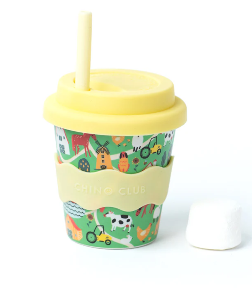 Farm Baby Chino Cup 4oz by Chino Club, a kids' cup with a colorful farm animal design, perfect for little hands.