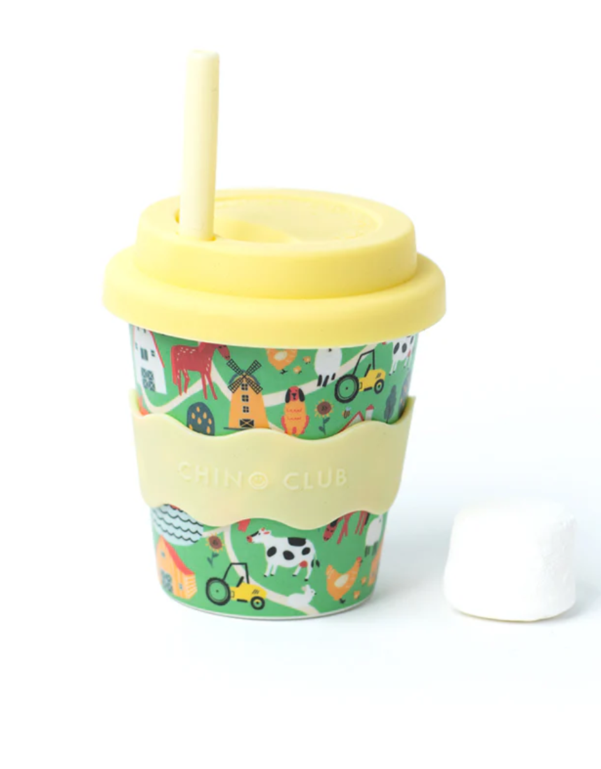 Farm Baby Chino Cup 4oz by Chino Club, a kids' cup with a colorful farm animal design, perfect for little hands.