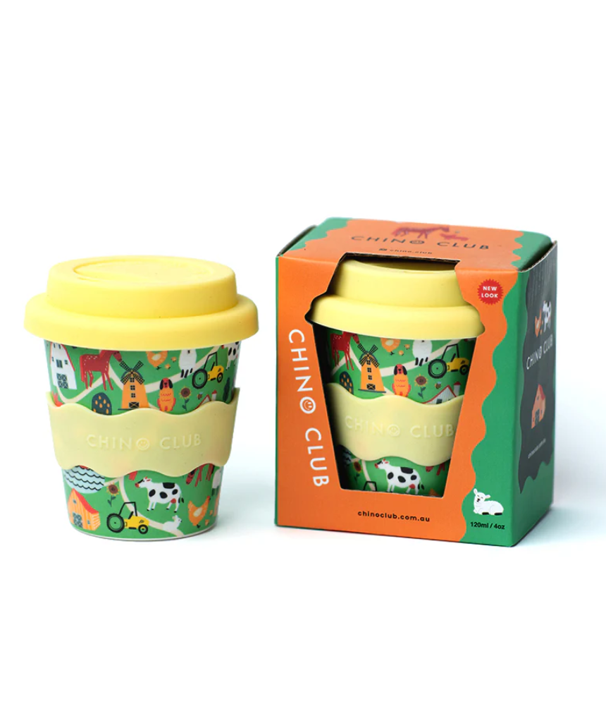 Chino Club Farm Baby Chino Cup 4oz for kids, with colorful farm animal illustrations on a small ceramic cup.