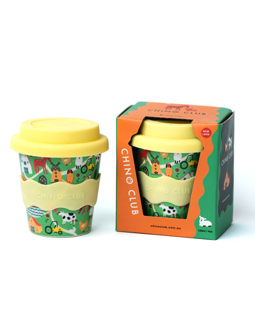 Chino Club Farm Baby Chino Cup 4oz for kids, with colorful farm animal illustrations on a small ceramic cup.