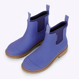 Violet and blue Merry People Bobbi gumboots with floral pattern, waterproof rubber footwear for women.
