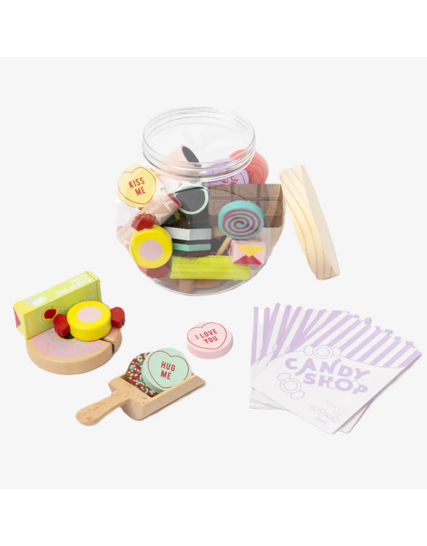 Make Me Iconic kids wooden candy jar toy set featuring colorful, handcrafted wooden candies in a classic jar for imaginative play.