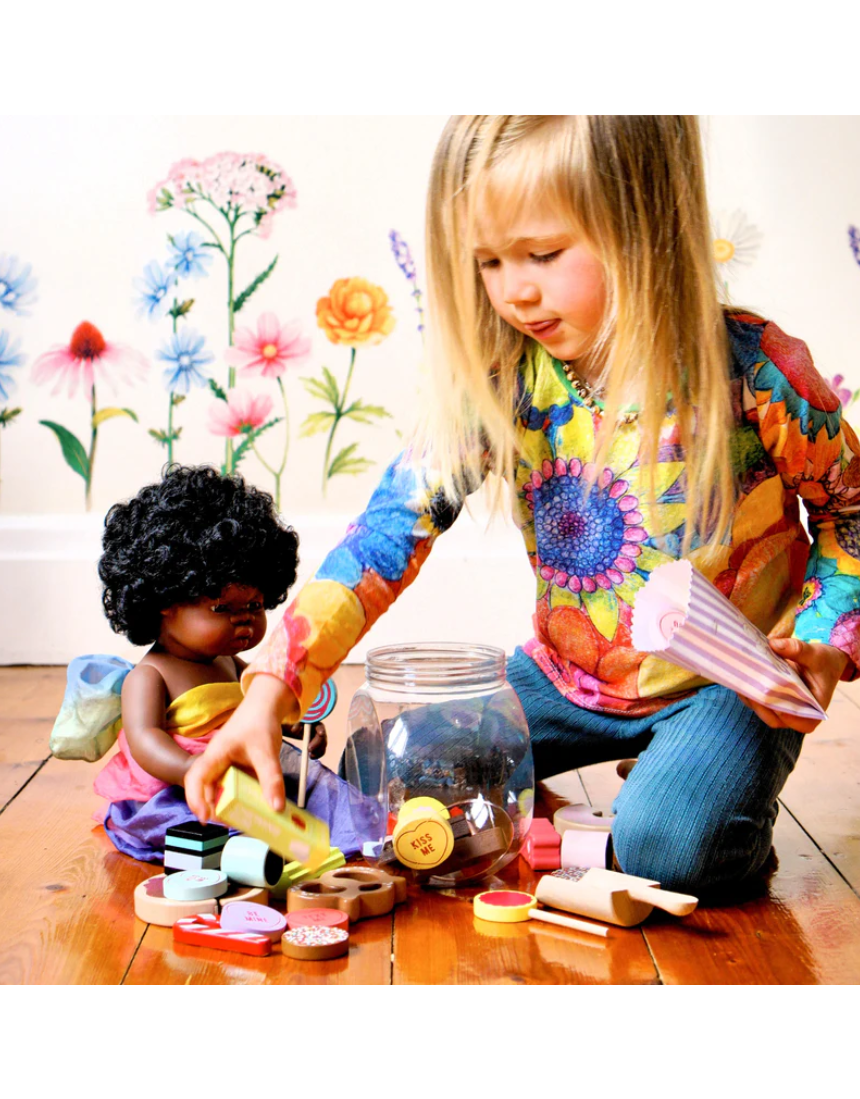 Make Me Iconic kids wooden candy jar toy set featuring colorful, handcrafted candy pieces for imaginative play.