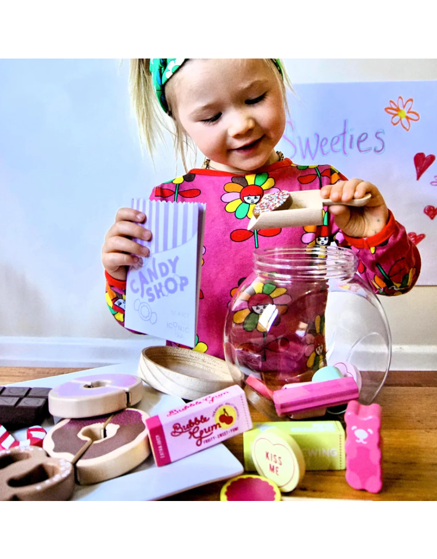 Make Me Iconic kids wooden candy jar toy set featuring colorful candy-shaped wooden pieces and a classic jar container.