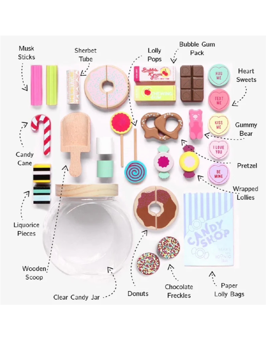 Make Me Iconic kids wooden candy jar toy set featuring colorful, handcrafted candy shapes for imaginative play.