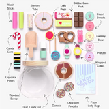 Make Me Iconic kids wooden candy jar toy set featuring colorful, handcrafted candy shapes for imaginative play.