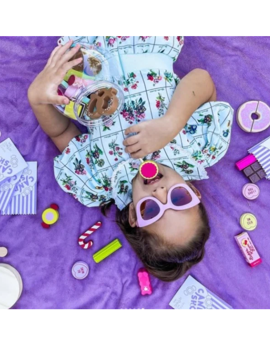 Make Me Iconic kids wooden candy jar toy set featuring colorful, reusable candy-shaped pieces for imaginative play.