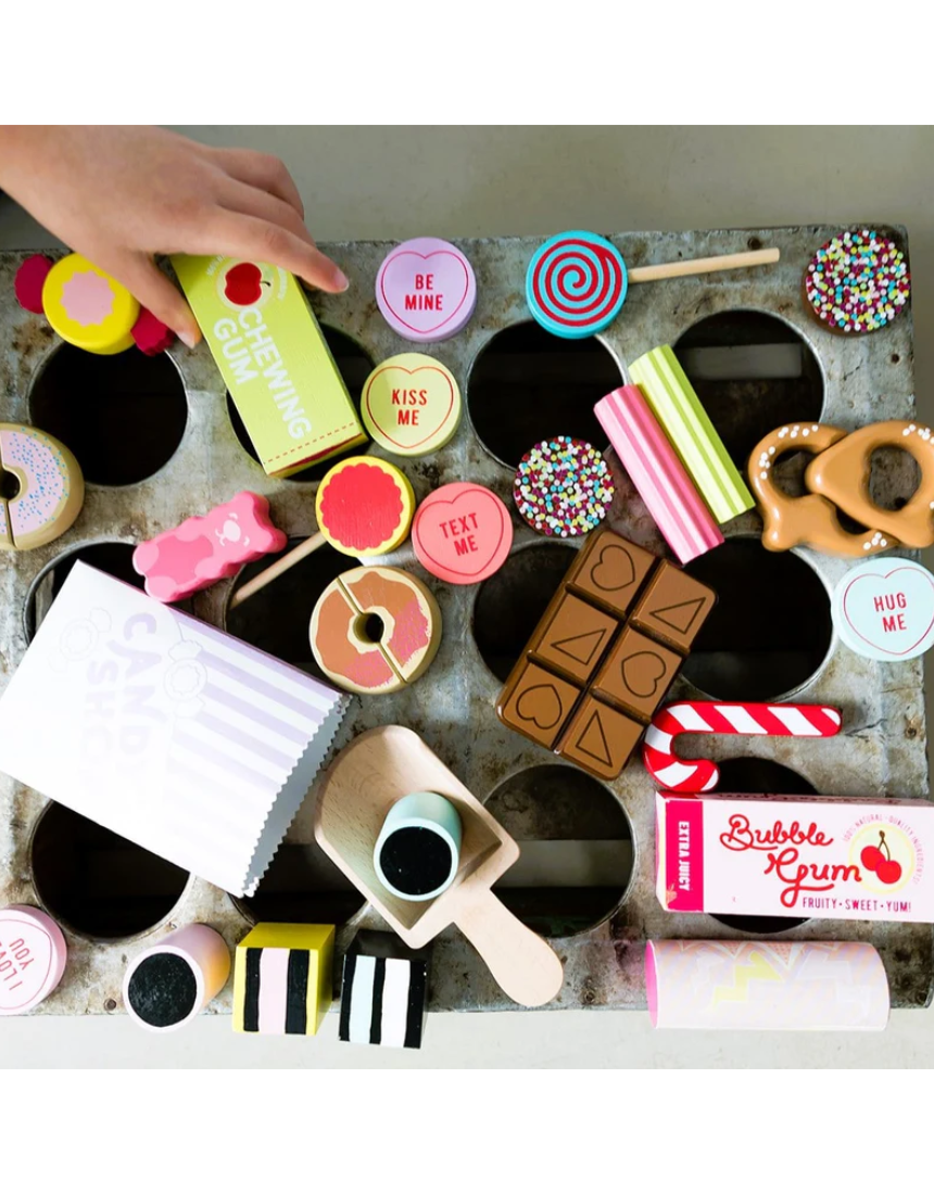 Make Me Iconic kids wooden candy jar toy set featuring colorful, playful candy designs for children.