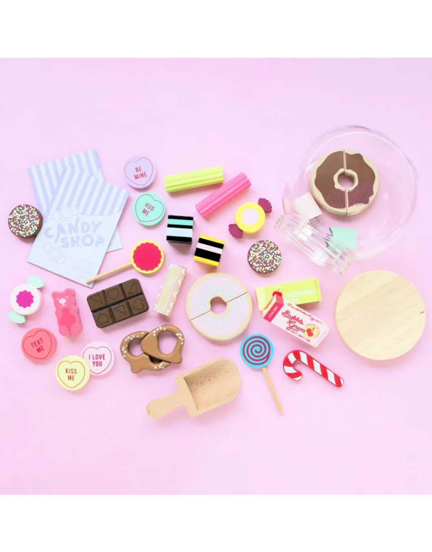 Make Me Iconic kids wooden candy jar toy set featuring colorful, detailed candy shapes for imaginative play and display.