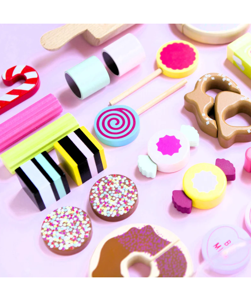 Make Me Iconic kids wooden candy jar toy set featuring colorful, illustrated candy shapes in a classic wooden jar.
