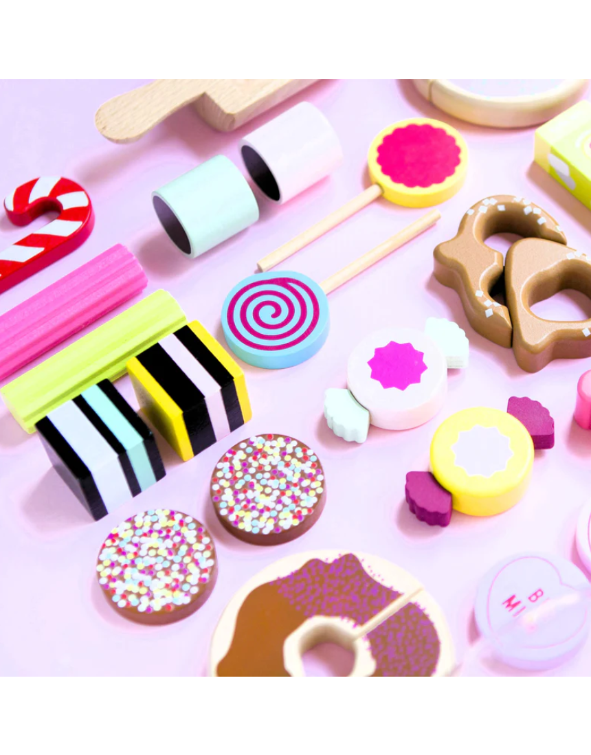 Make Me Iconic kids wooden candy jar toy set featuring colorful, illustrated candy shapes in a classic wooden jar.
