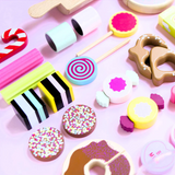 Make Me Iconic kids wooden candy jar toy set featuring colorful, illustrated candy shapes in a classic wooden jar.