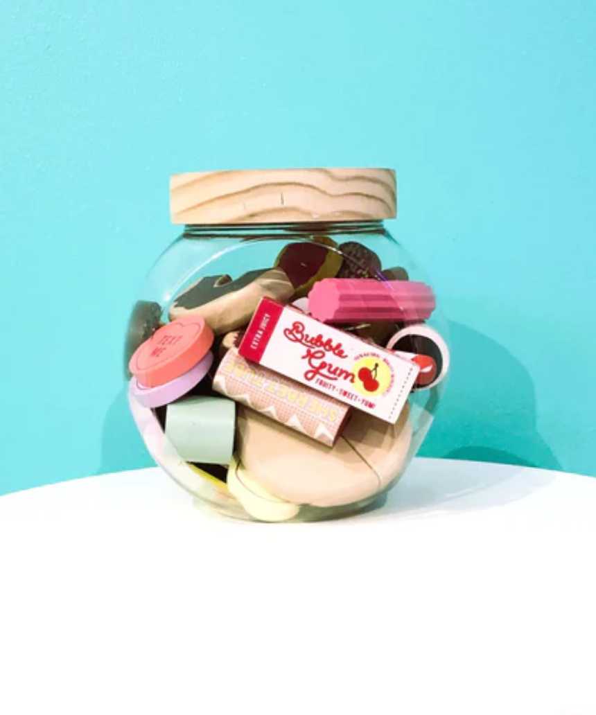 Make Me Iconic kids candy jar wooden toy set featuring colorful, handcrafted wooden jars and playful design for children.