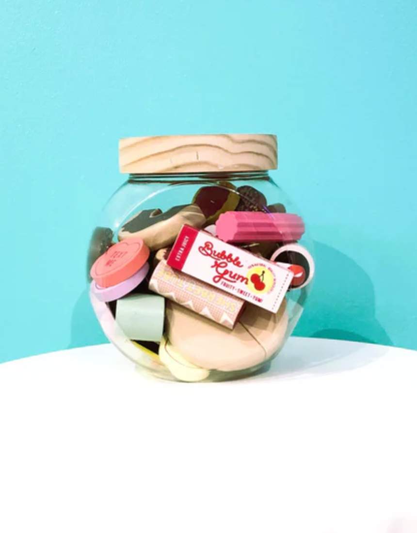 Make Me Iconic kids candy jar wooden toy set featuring colorful, handcrafted wooden jars and playful design for children.